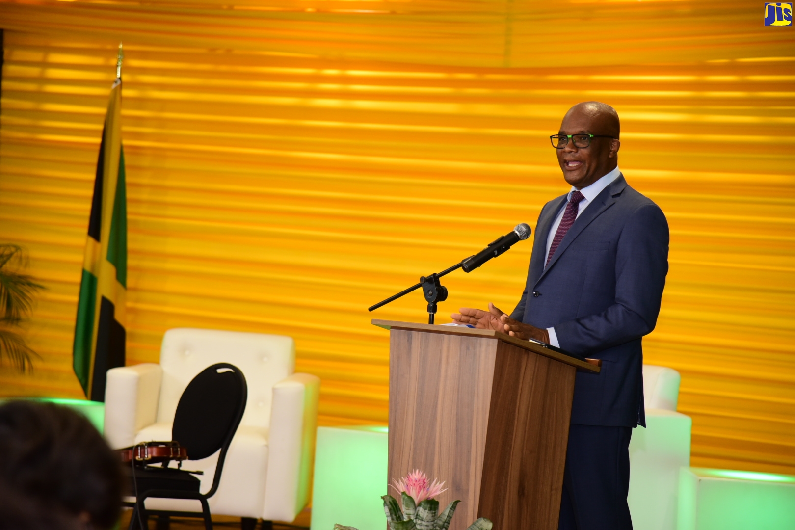 Minister of State in the Ministry of Foreign Affairs and Foreign Trade, Senator the Hon. Leslie Campbell, officially opens the Jamaica 60 Diaspora Conference during a ceremony held at the Ministry in downtown Kingston on Tuesday (June 14), which was streamed online. 