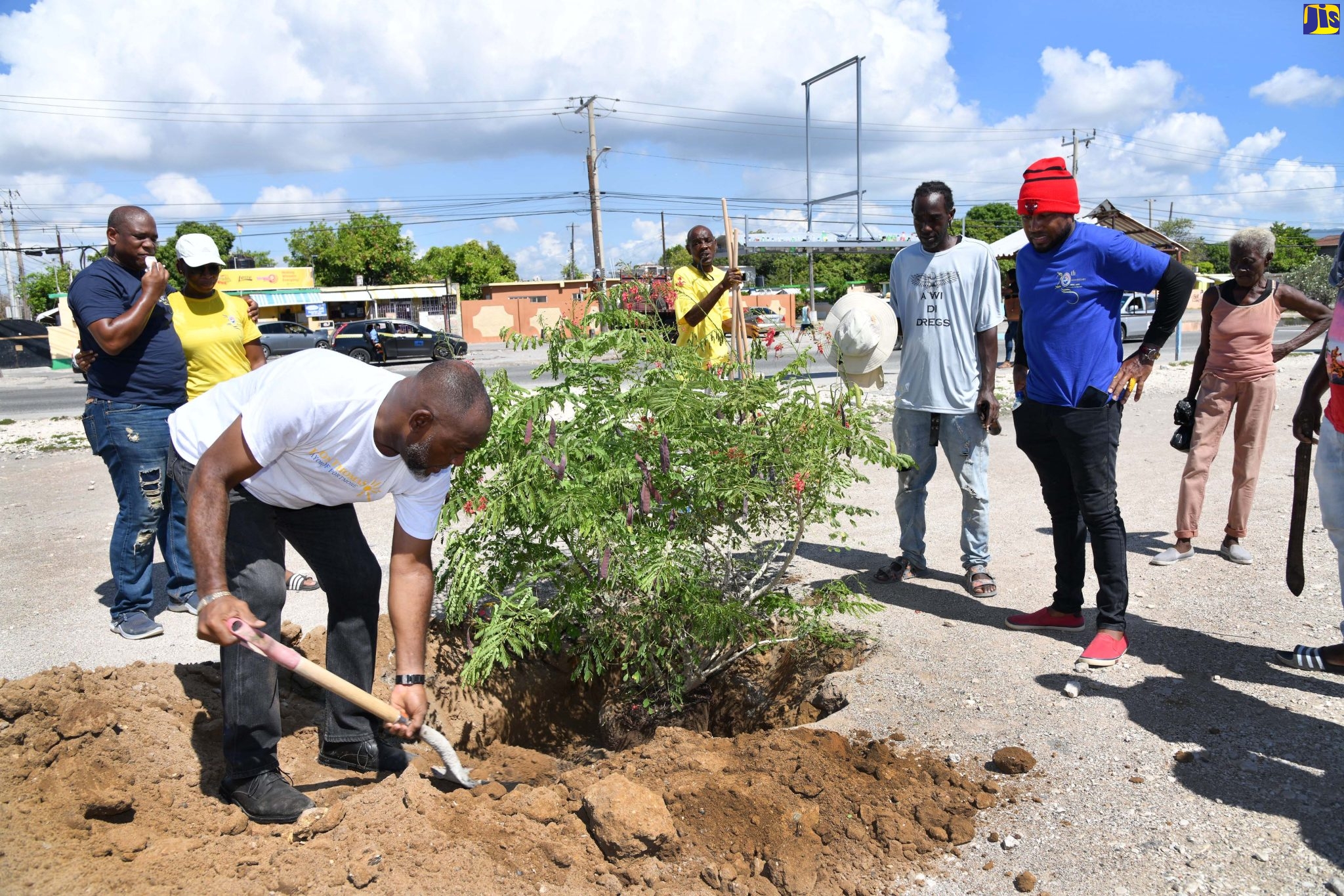 Mayor of Portmore, Councillor Leon Thomas (left), plants a tree along George Lee Boulevard during Labour Day activities in the municipality on Tuesday (May 23). Looking on are other volunteers and members of the community. Twenty trees were planted along the Boulevard from the Portmore Town Centre to Portmore HEART Academy in celebration of the 20th Anniversary of the Portmore City Municipality. 