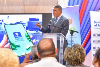 Prime Minister, the Most Hon. Andrew Holness, delivers the keynote address at the launch of Haughton's Pharmacy RxPak® mobile app, at Tropics View Hotel in Hatfield, Manchester, on Thursday (February 29).
