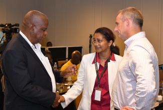 Minister of State in the Ministry of Agriculture, Fisheries and Mining, Hon. Frank Witter (left), engages with Senior Environmental Officer, Jamaica Bauxite Institute (JBI), Shanti Persaud, and District Manager-Closure, Rio Tinto, Fraser Thomson,  during the Jamaica Bauxite Institute (JBI) International Workshop on Bauxite Residue and Mud Disposal Legacy Issues, at the ROK Hotel in downtown Kingston, on July 15.