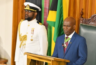 Custos Rotulorum for Kingston, Hon. Steadman Fuller, delivers the Throne Speech during the 2025/26 Ceremonial Opening of Parliament on Thursday (February 13) at Gordon House. Custos Fuller deputised for Governor-General, His Excellency the Most Hon. Sir Patrick Allen. 

