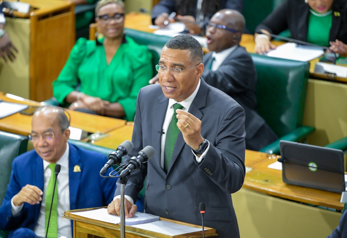 Prime Minister, Dr. the Most Hon. Andrew Holness, makes his contribution to the 2025/26 Budget Debate in the House of Representatives on March 20. Seated at left is Deputy Prime Minister and Minister of National Security, Hon. Dr. Horace Chang.

