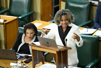 Minister of Education, Skills, Youth and Information, Senator Dr. the Hon. Dana Morris Dixon, speaks in the Senate on April 11. Seated (at left) is Minister without Portfolio in the Office of the Prime Minister with responsibility for Efficiency, Innovation, and Digital Transformation, Senator the Hon. Ambassador Audrey Marks.