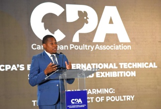 Minister of Agriculture, Fisheries and Mining, Hon. Floyd Green, delivers remarks during the Caribbean Poultry Association (CPA) Eighth International Technical Symposium and Exhibition held recently at The Jamaica Pegasus hotel in New Kingston.