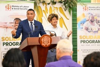 Prime Minister, Dr. the Most Hon. Andrew Holness, delivers the keynote address during Wednesday’s (June 25) launch of the Ministry of Labour and Social Security’s Solidarity Programme at Jamaica House