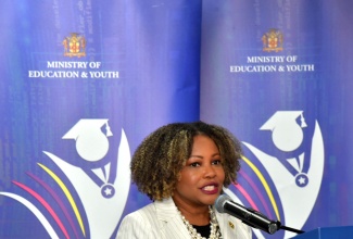 Minister of Education, Skills, Youth and Information, Senator Dr. the Hon. Dana Morris Dixon, addresses Friday’s (June 20) Primary Exit Profile (PEP) Press Conference at the Ministry’s National Heroes’ Circle offices in Kingston.  

