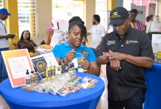 Minister of Industry, Investment and Commerce, Senator the Hon. Aubyn Hill, tries out avocado oil, while Tasheika Bascoe of Anointed Treasures highlights the benefits of the skin care product. Occasion was a tour of booth at the Ministry’s ‘MSME Business Roadshow held at Sacred Heart Academy in Christiana, Manchester on Thursday (July 24). 