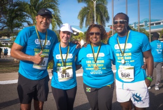 Several Government Ministers participated in the 18th Caribbean Community (CARICOM) Road Races in Montego Bay, St. James, on Saturday (July 5). Pictured sharing a moment after the event are (from left) Minister of Health and Wellness, Dr. the Hon. Christopher Tufton; Minister of Foreign Affairs and Foreign Trade, Senator the Hon. Kamina Johnson Smith; Minister of Culture, Gender, Entertainment and Sport, Hon. Olivia Grange, and State Minister in the Foreign Affairs Ministry, Hon. Alando Terrelonge. 