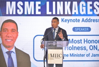 Prime Minister, Dr. the Most Hon. Andrew Holness, emphasises a point while addressing the micro, small and medium-sized enterprise (MSME) linkages day event at the University of Technology campus in Papine, St. Andrew, on July 15.

