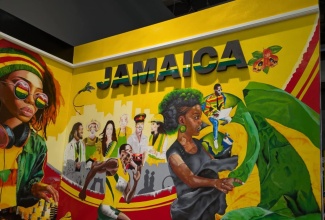 A vibrant section of the mural inside the Jamaica Pavilion at Expo 2025 Osaka, Kansai, Japan.