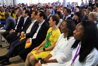 Minister of Foreign Affairs and Foreign Trade, Senator the Hon. Kamina Johnson (third right); Jamaica's Ambassador to Japan, Her Excellency Shorna-Kay Richards (second right); Commissioner General, Jamaica Pavilion at Expo 2025 Osaka, Maureen Smith (right), along with Japanese officials enjoy performances by Jamaican artistes during the National Day Ceremony, held on August 6 at Expo 2025 Japan.

