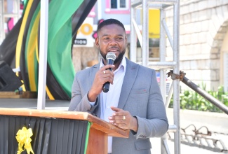 Mayor of Montego Bay, Councillor Richard Vernon, addresses the ribbon cutting ceremony for the National Solid Waste Management Authority’s (NSWMA) Waste Separation Bin initiative in Sam Sharpe Square on July 31.

