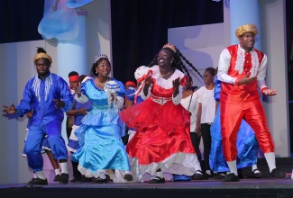 Members of the Port Antonio Theatre Group are animated in performance at the staging of the Jamaica Cultural Development Commission’s (JCDC) Mello-Go-Roun 2025 on Monday (Aug. 4), at the National Indoor Sports Centre in Kingston.