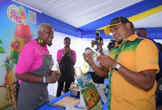 Minister of Agriculture, Fisheries and Mining, Hon. Floyd Green (right) looks at a product on offer at the Fruit Blossoms booth, while entrepreneur Kadeen Harvey looks on. Minister Green went on a tour of booths at the 71st staging of the Denbigh Agricultural, Industrial and Food Show at the Denbigh Showground in May Pen, Clarendon on Saturday (Aug. 2).

 