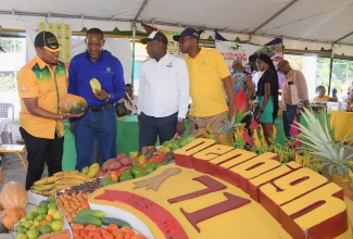 Minister of Agriculture, Fisheries and Mining, Hon. Floyd Green (left), and Jamaica Agricultural Society (JAS) President, Owen Dobson (second left), look at the range of fresh produce on display at the JAS booth on day two of the Denbigh Agricultural, Industrial and Food Show in May Pen, Clarendon, on August 2. They are joined by JAS Chief Executive Officer (CEO) Derron Grant (second right), and JAS Regional Manager, Denver Thorpe (right).